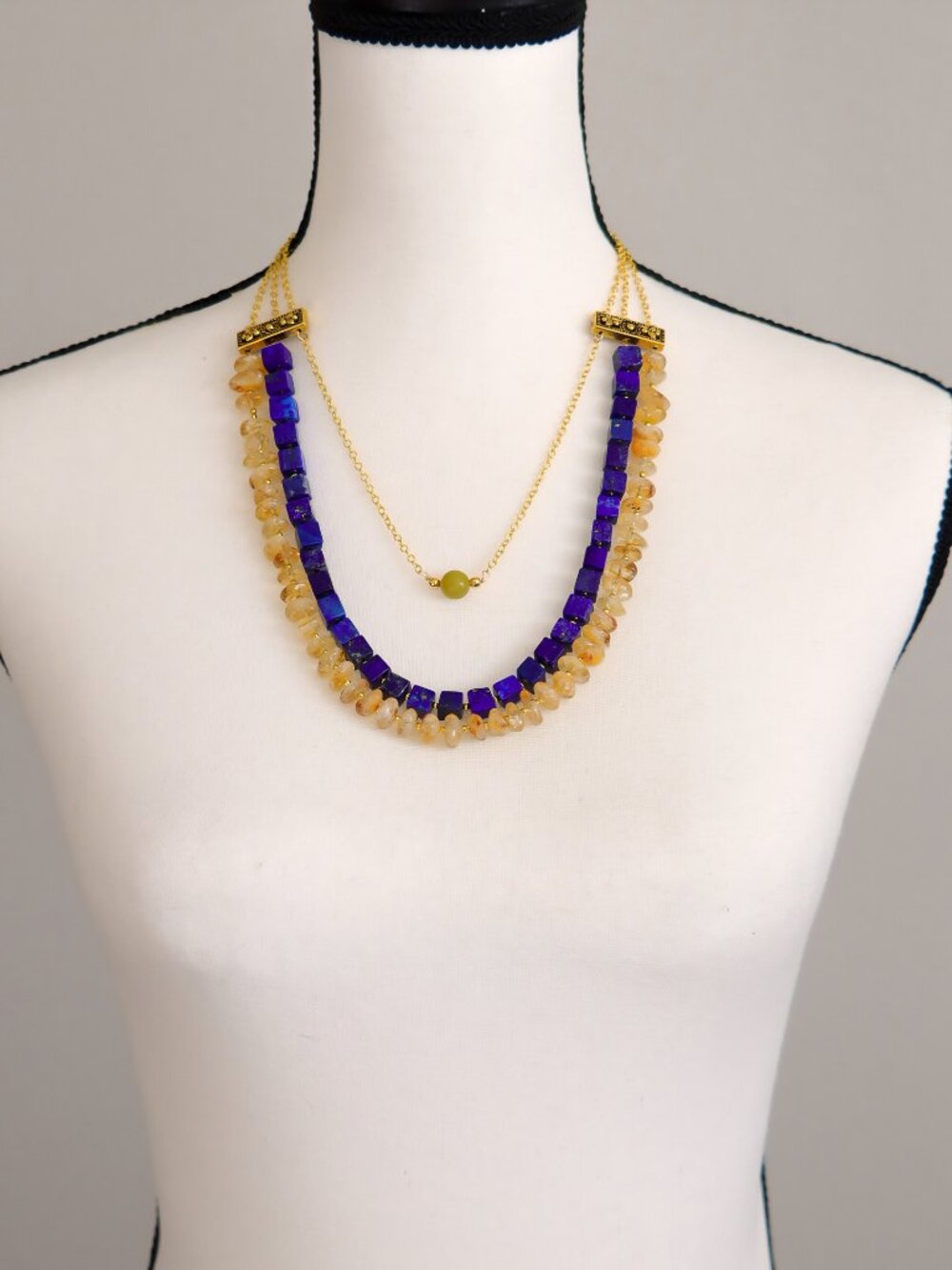 Lapis, Citrine & Olive Jade Statement Necklace - Picture 2 of 6